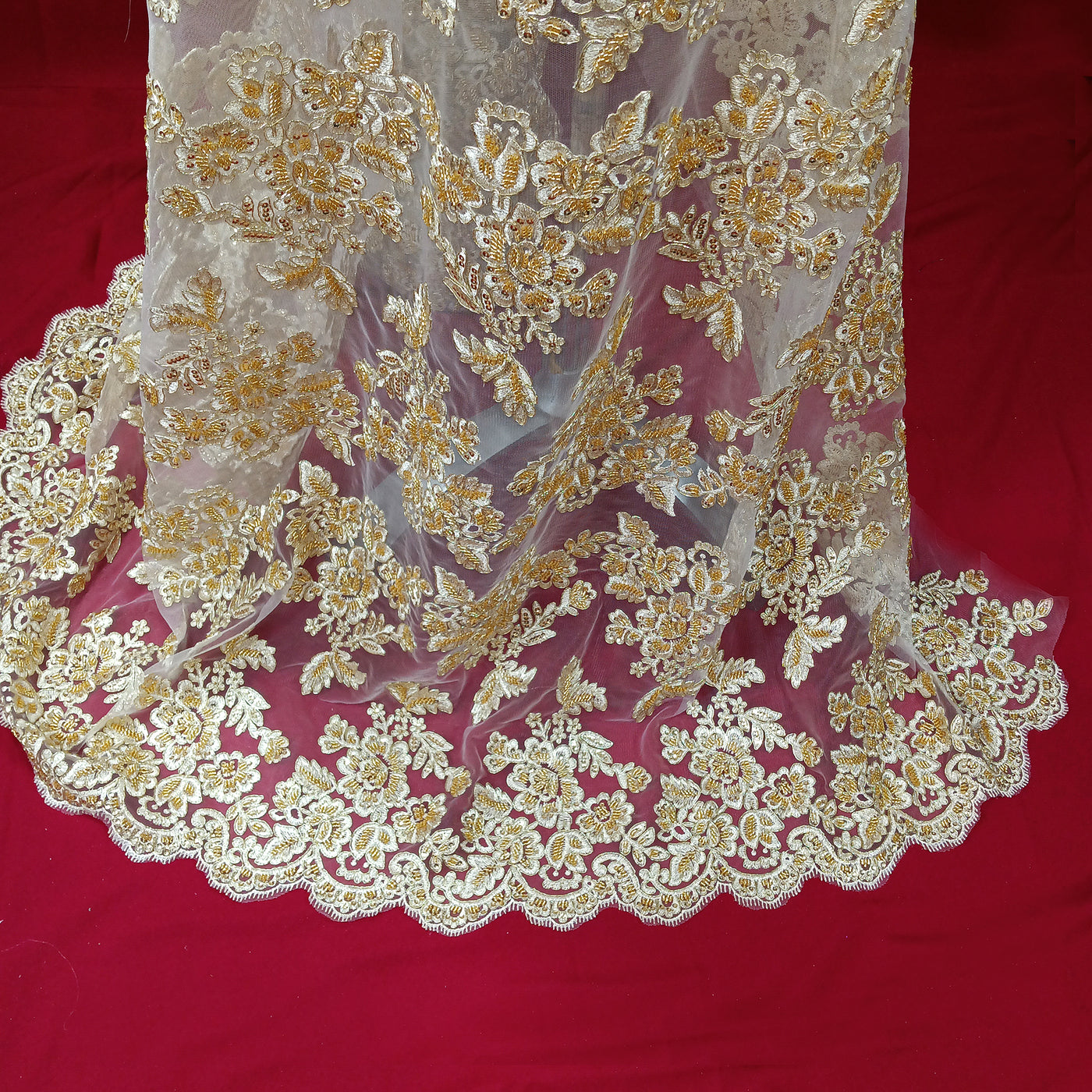 Embroidered & Corded Gold Net Mesh Fabric with Sequin & Beads. Sold by the yard Lace Usa