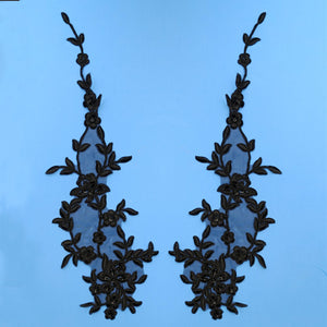 Beaded & Corded Black Floral Applique Lace Embroidered on 100% Polyester Organza. Sold By Pair.  Lace Usa