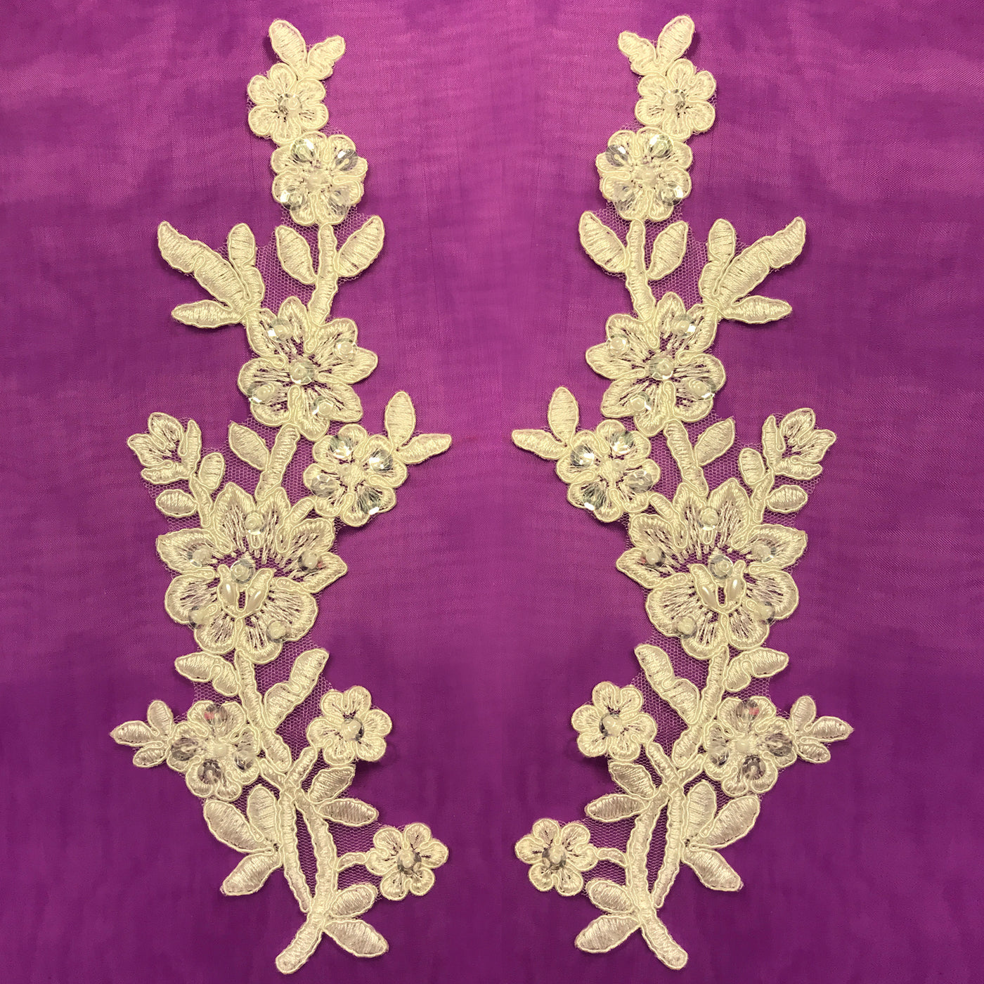 Beaded & Corded Floral Appliqué Lace Embroidered on 100% Polyester Organza or Net Mesh