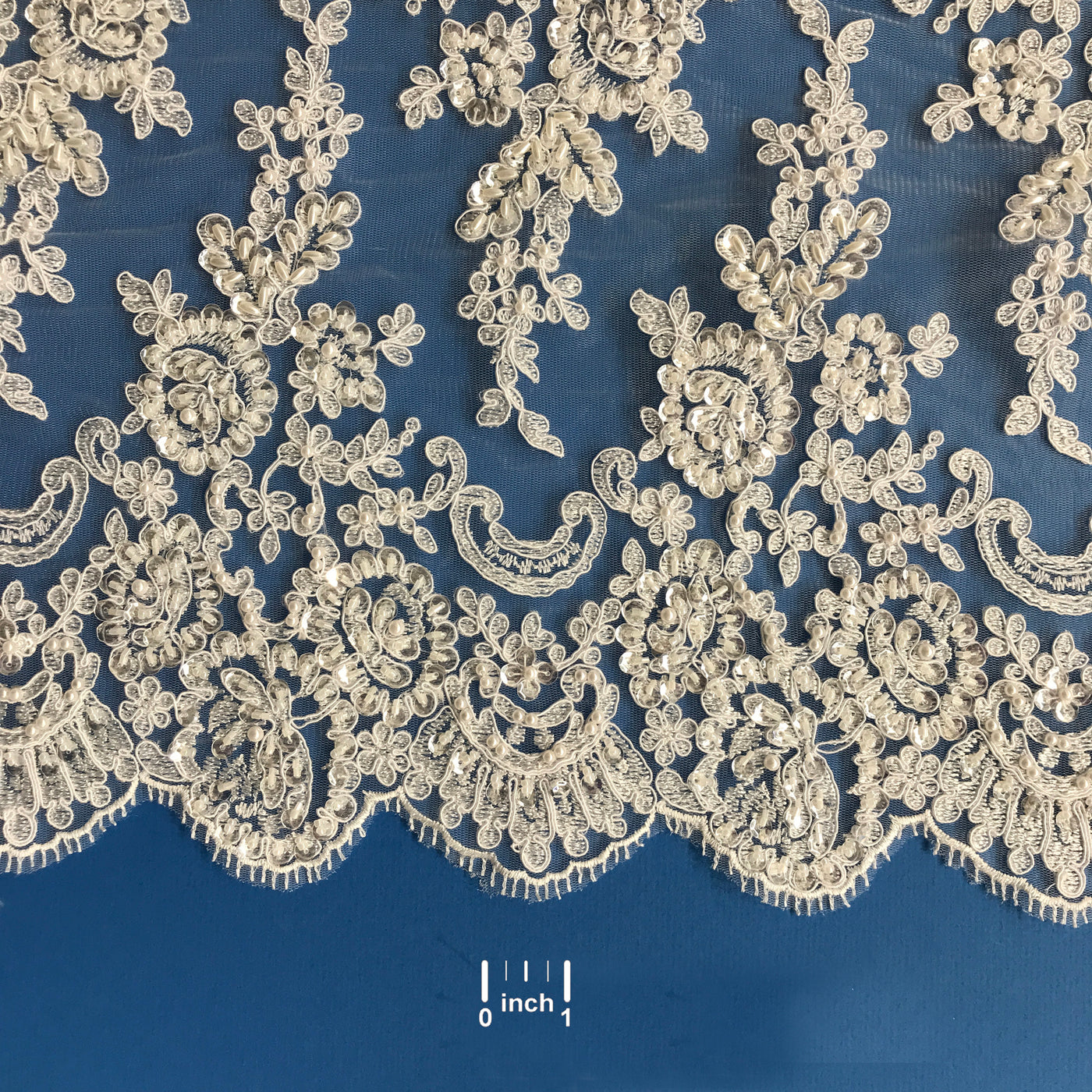Beaded & Corded Double Sided Floral Lace Trimming Embroidered on 100% Polyester Net Mesh | Lace USA - 96851W-BP/2