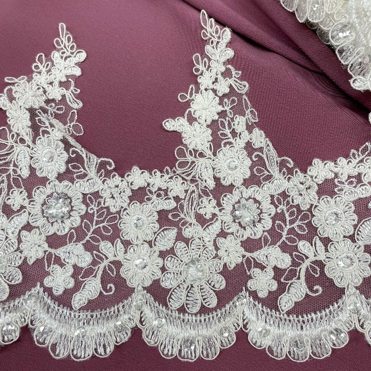 Corded & Beaded White Trimming Lace, Embroidered on 100% Polyester Net Mesh.  Lace Usa 