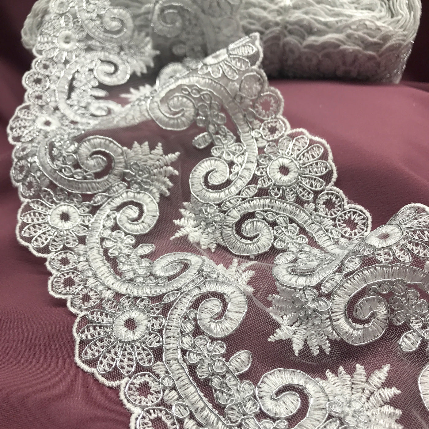 Corded & Embroidered White with Silver Double Sided Trimming on Mesh Net Lace. Lace Usa