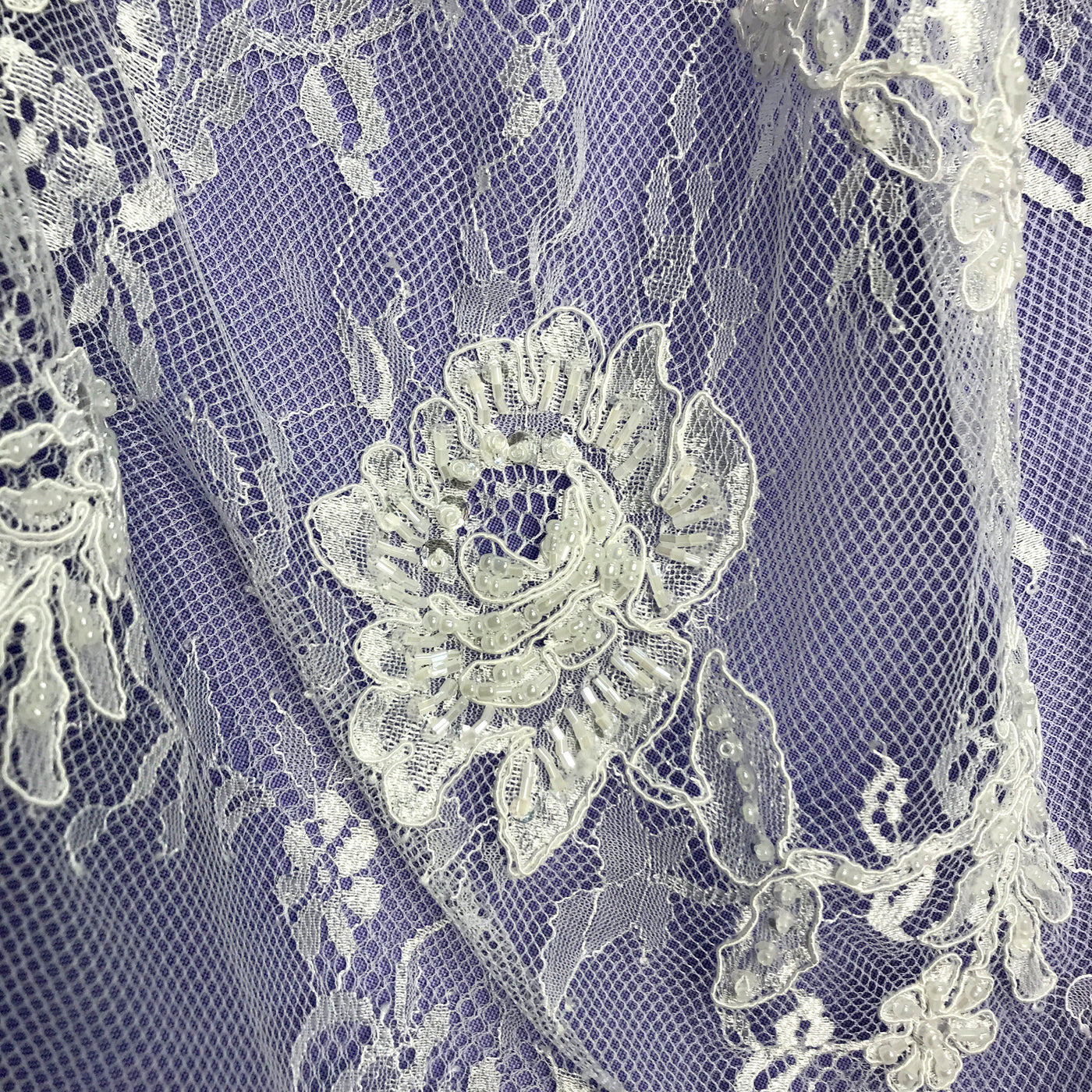 3 Yards Precut Beaded & Corded Chantilly Floral Lace Fabric Embroidered on 100% Polyester Net Mesh | Lace USA - 97143W-BP Ivory