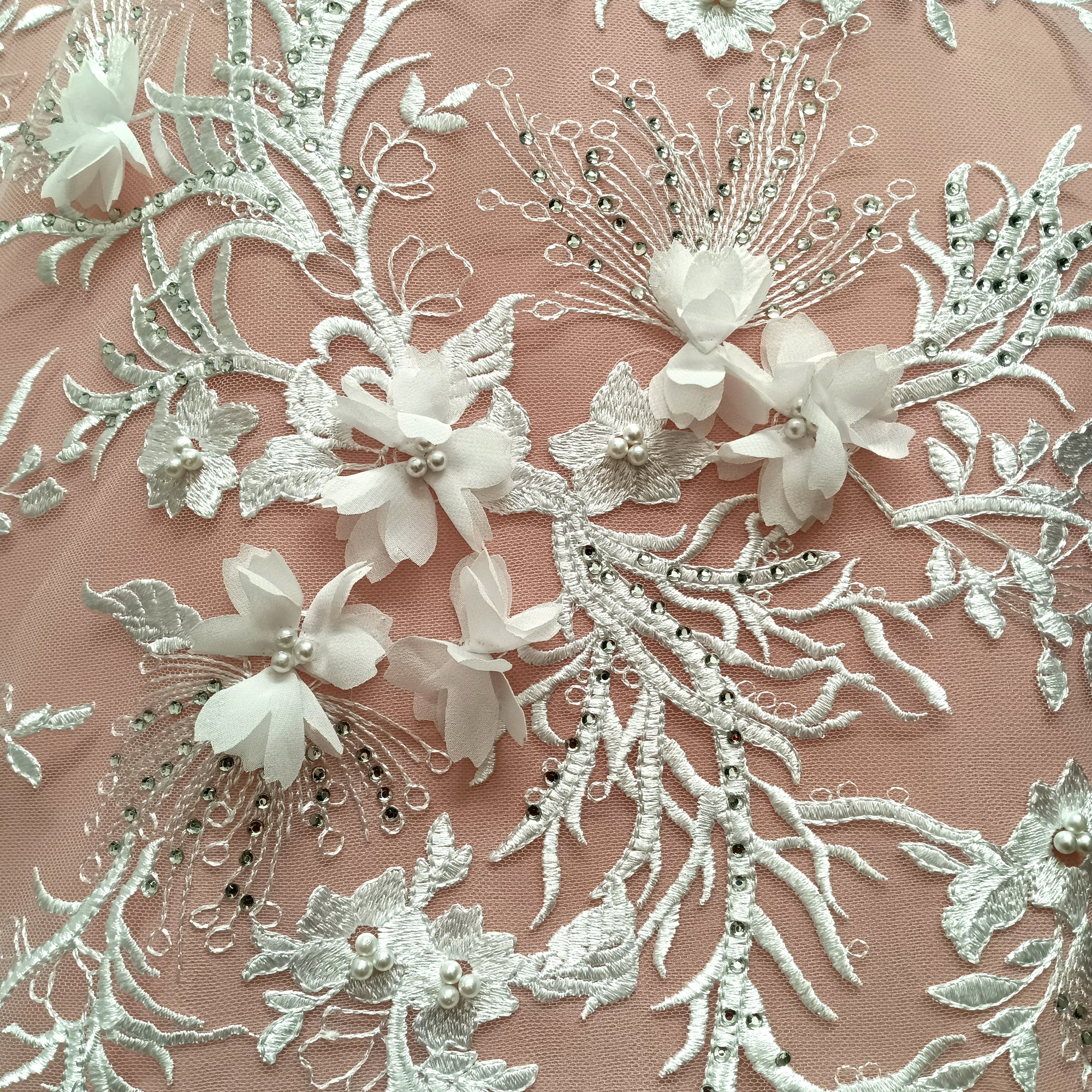 Beaded & Rhinestone 3D Floral Lace Fabric Embroidered on 100