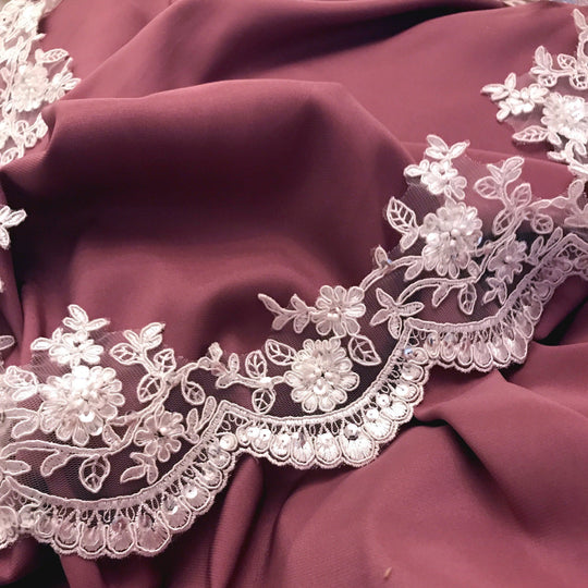 Beaded White 4” floral lace scallop trim with corded stitching for Christening  dresses.
 | Lace USA 96215WBP