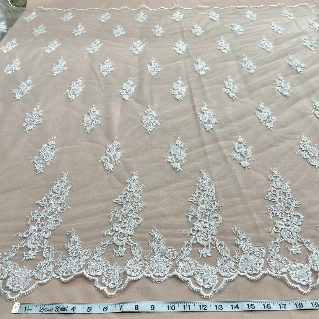 Beaded & Corded Floral Bridal Lace Fabric with Scalloped Border