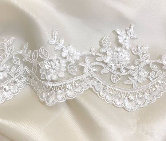 White 4” floral lace scallop trim with beads, sequins, and corded embroidery for bridal  dresses.
 | Lace USA96215WBP