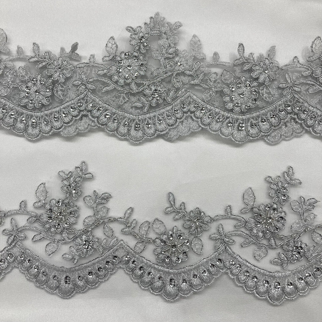 Corded, Beaded Floral Silver Lace Trimming Embroidered on Net Mesh. Lace USA 96215WBP