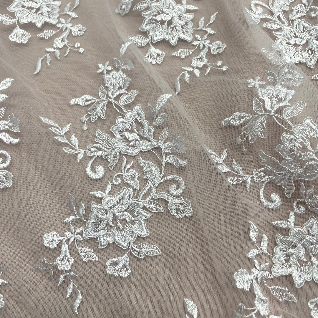 corded floral lace fabric with scalloped edges for bridal, baptism, and communion dresses – Lace USA 97154W