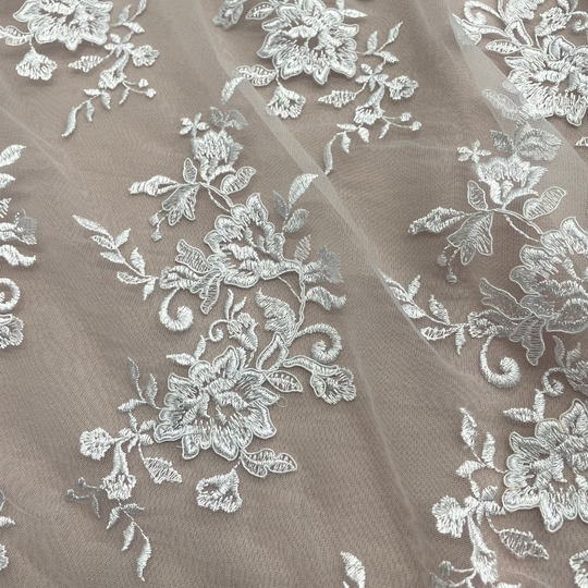 corded floral lace fabric with scalloped edges for bridal, baptism, and communion dresses – Lace USA 97154W