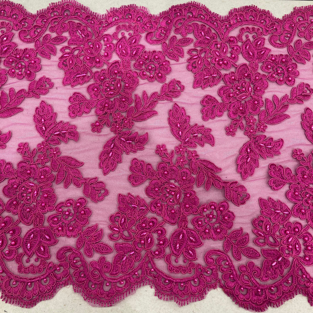 Fuchsia Double Sided Lace Trimming Beaded Corded Embroidered on 100% Polyester Net Mesh | Lace USA