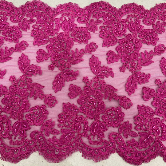 Fuchsia Double Sided Lace Trimming Beaded Corded Embroidered on 100% Polyester Net Mesh | Lace USA
