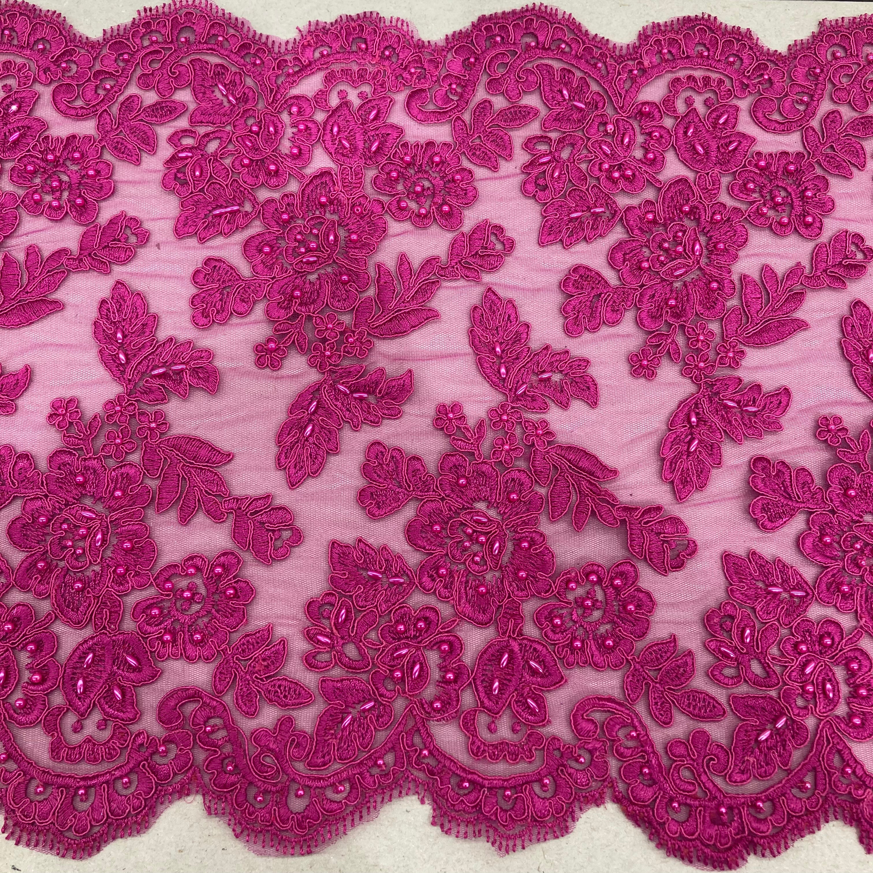 Fuchsia Double Sided Lace Trimming Beaded Corded Embroidered on 100% Polyester Net Mesh | Lace USA