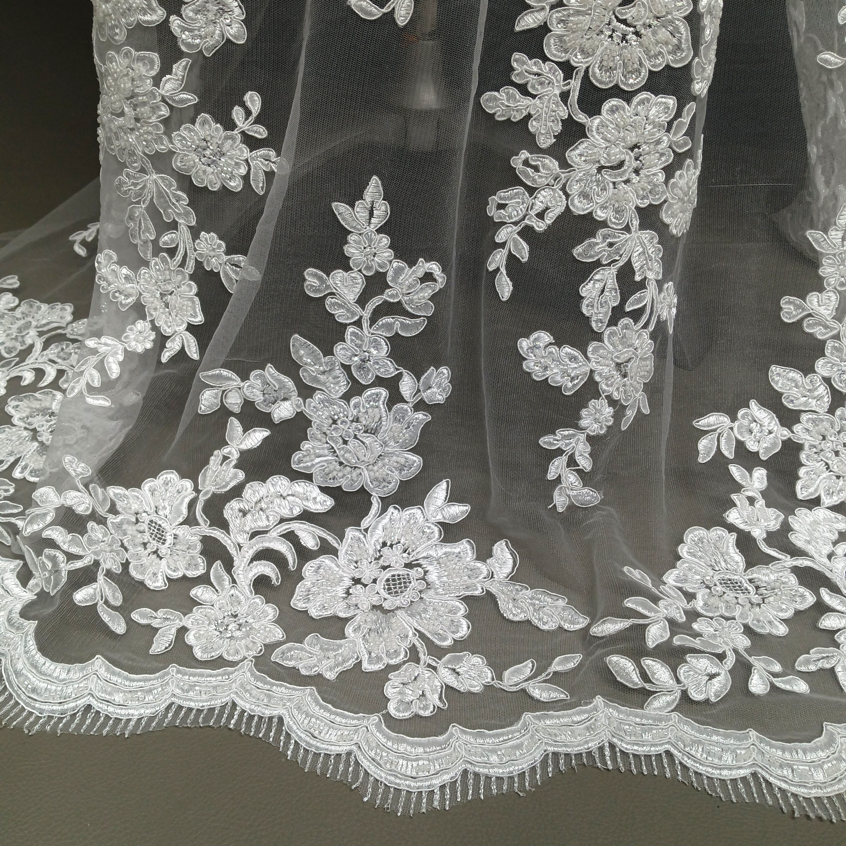 beaded lace fabric for wedding dresses Exquisite Beaded Floral Bridal Lace Fabric for Wholesale