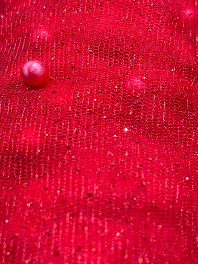 Glitter Mesh Net With Scattered Pearl , 2-Way Stretch, sold by the yard. 100% Polyester 60" wide. This mesh fabric is a 2-way stretch on the width. Pearls are scattered across the mesh.  Sold by the yard, 1-quantity equals to 1-yard.  If you order more than 1-yard, it will be ship in one continuous length.    Lace Usa