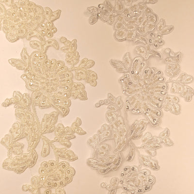 Beaded & Corded Floral Appliqué Lace Embroidered on 100% Polyester Organza or Net Mesh. This can be applied to Theatrical dance ballroom costumes, bridal dresses, bridal headbands endless possibilities.  Sold By Pair.  Lace Usa
