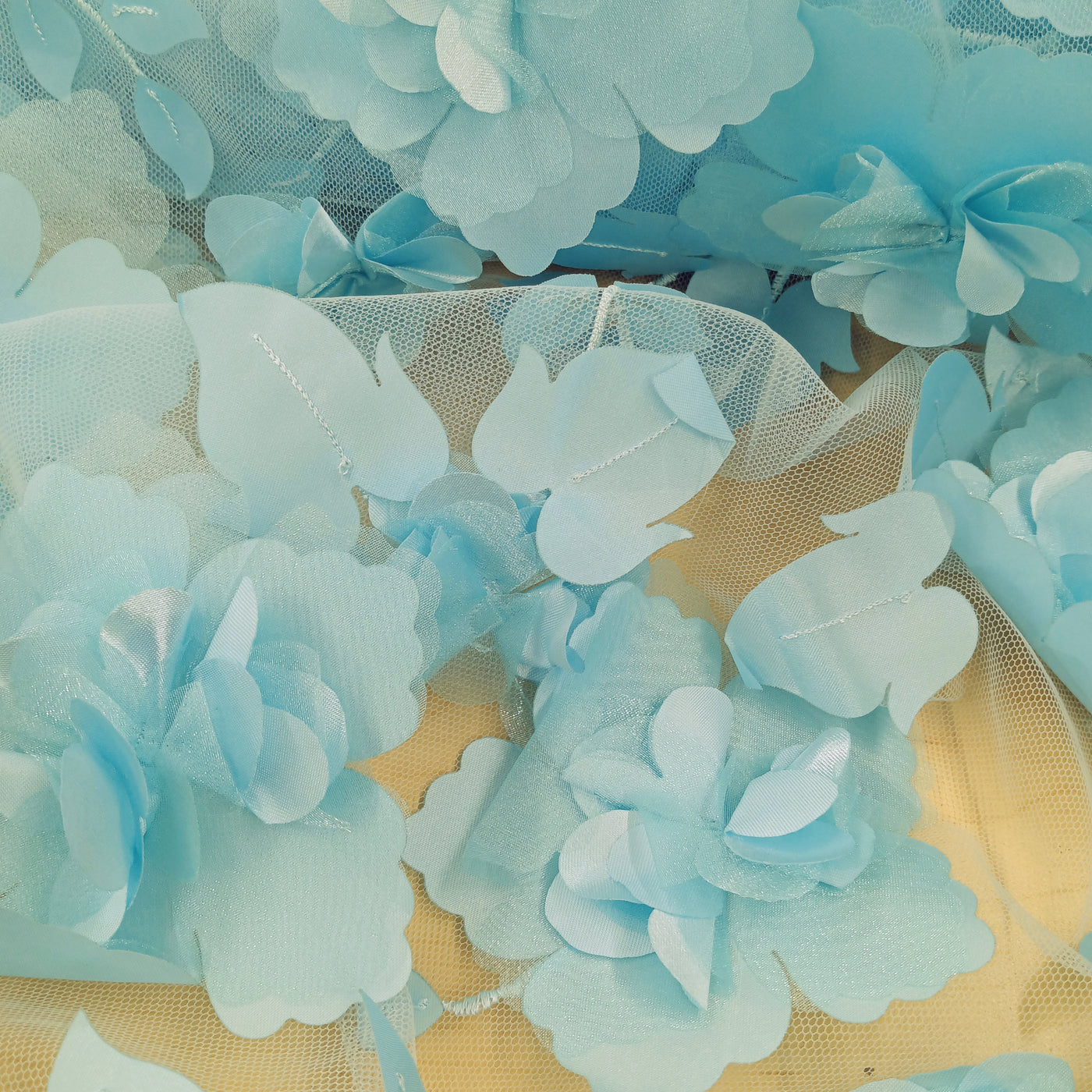 Delicate 3D Flowers Scattered on Lt. Blue Embroidered Soft Tulle Net Fabric. Perfect Wedding Lace for Bridal Dresses or Quinceanera Dresses 54" Wide. Sold by the Yard.  Lace Usa