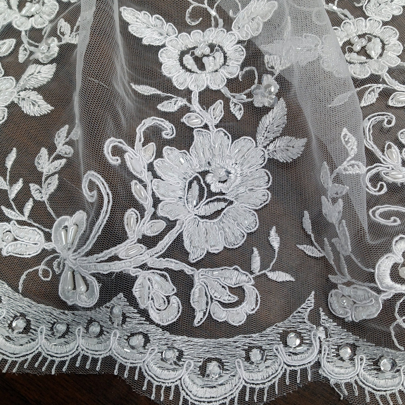 Corded & Beaded Bridal Lace Fabric Embroidered on 100% Polyester Net Mesh. Lace USA