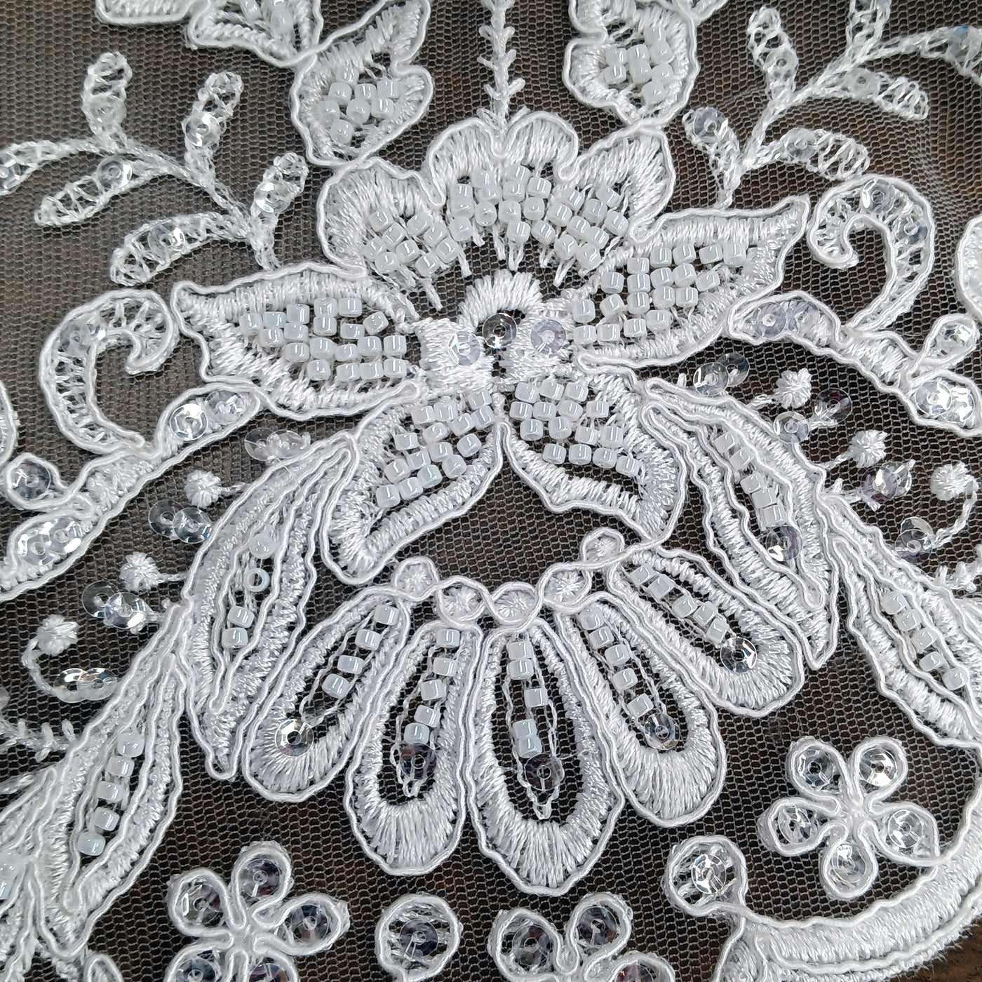 Beaded & Corded Bridal Lace Fabric Embroidered on 100% Polyester Net Mesh | Lace USA - GD-55518 White