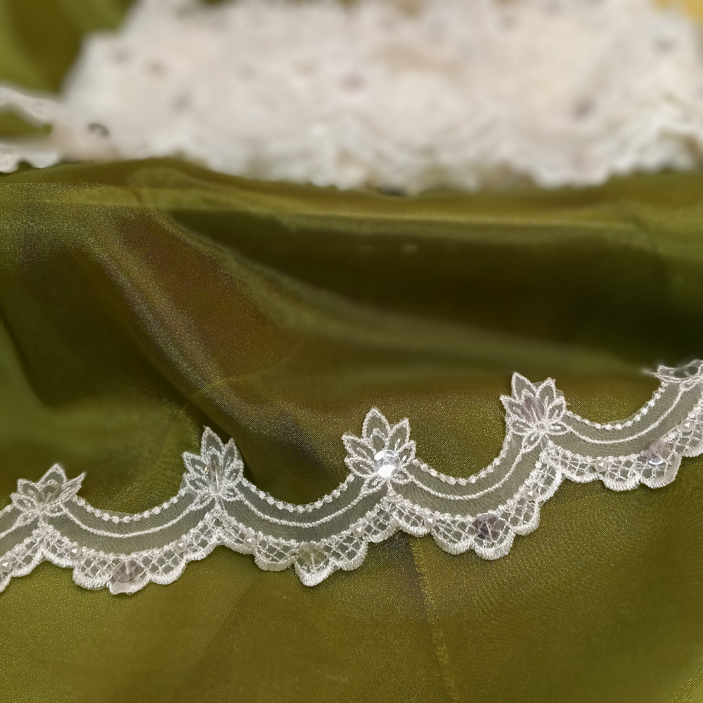 Beaded White Lace Trim Embroidered on 100% Polyester Organza . Large Arch Scalloped Trim. Formal Trim. Perfect for Edging and Gowns.  Sold by the Yard.  Lace Usa
