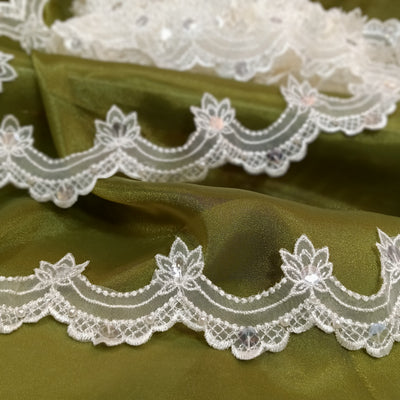 Beaded Ivory Lace Trim Embroidered on 100% Polyester Organza . Large Arch Scalloped Trim. Formal Trim. Perfect for Edging and Gowns.  Sold by the Yard.  Lace Usa