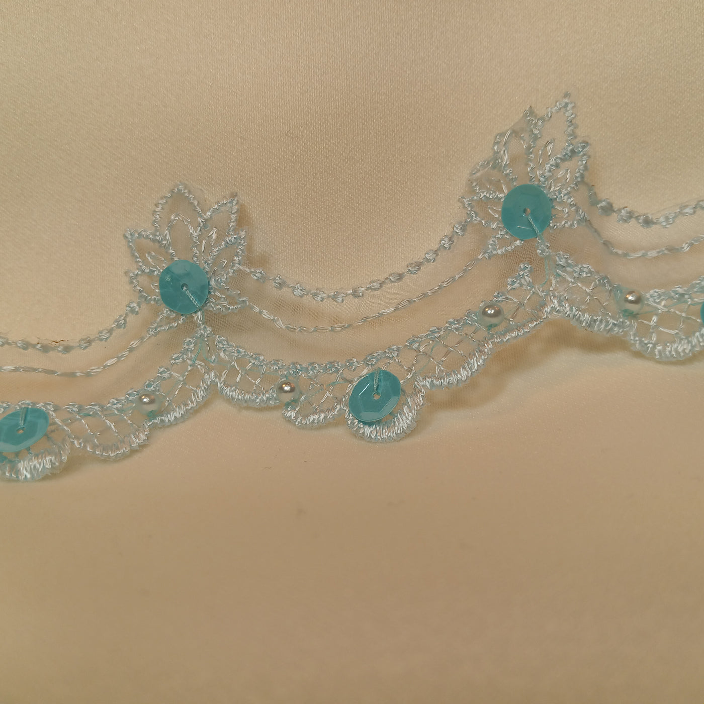 Beaded Lt. Blue Lace Trim Embroidered on 100% Polyester Organza . Large Arch Scalloped Trim. Formal Trim. Perfect for Edging and Gowns.  Sold by the Yard.  Lace Usa