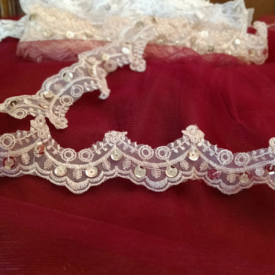 Beaded Ivory Lace Trim Embroidered on 100% Polyester Organza . Large Arch Scalloped Trim. Formal Trim. Perfect for Edging and Gowns. Sold by the Yard. Lace Usa