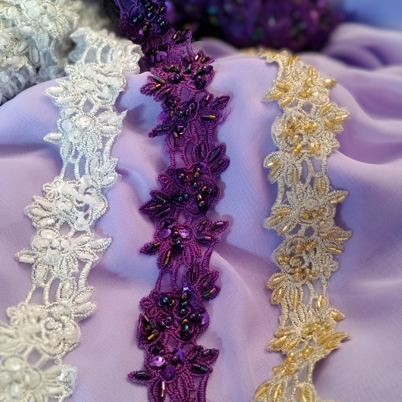 Embroidered Trimming with Heavy Beading on 100% Polyester Organza. Lace Usa