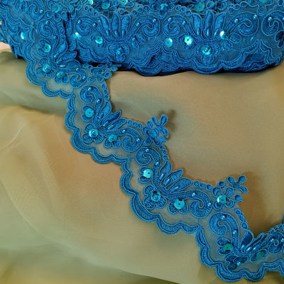 Corded, Beaded & Embroidered Turquoise Trimming. Lace Usa