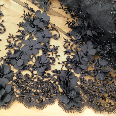 3D Floral Embroidered & Beaded Black Net Fabric with Beads. Lace Usa