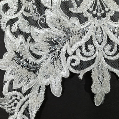 Beaded & Corded White Lace Medallion Applique Embroidered on 100% Polyester Net Mesh. Lace Usa