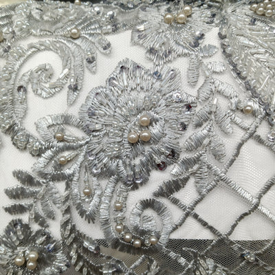 Embroidered & Beautifully Beaded Silver Net Fabric with Beads. Lace Usa