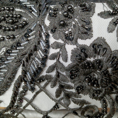 Embroidered & Beautifully Beaded Black Net Fabric with Beads. Lace Usa
