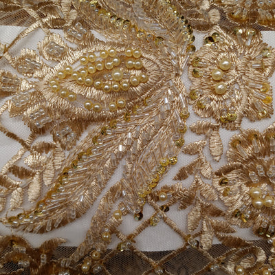 Embroidered & Beautifully Beaded Gold Net Fabric with Beads. Lace Usa