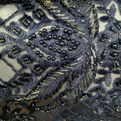Embroidered & Beautifully Beaded Navy Net Fabric with Beads. Lace Usa
