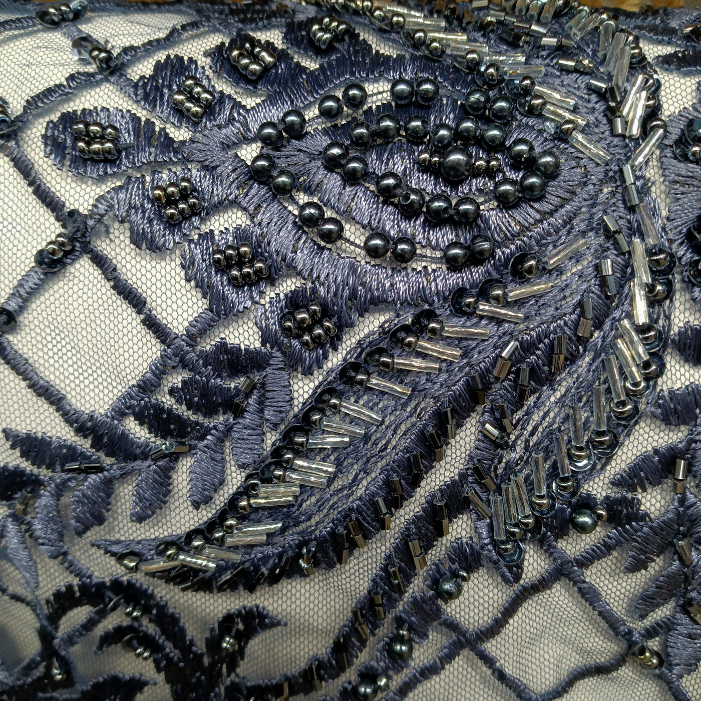 Embroidered & Beautifully Beaded Navy Net Fabric with Beads. Lace Usa