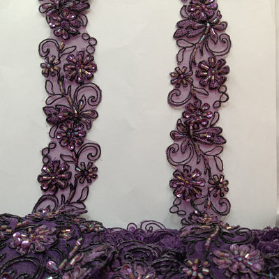 Beaded, Corded & Embroidered on Organza Metallic Plum Trimming. Lace Usa