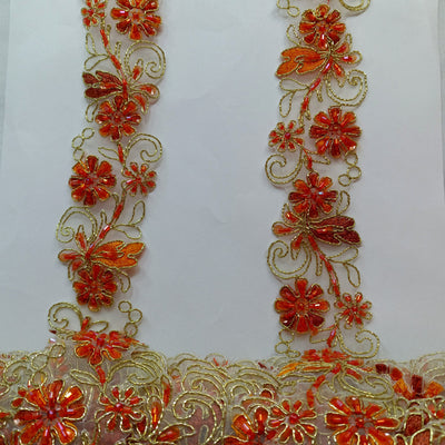 Beaded, Corded & Embroidered on Organza Orange with Gold Trimming. Lace Usa