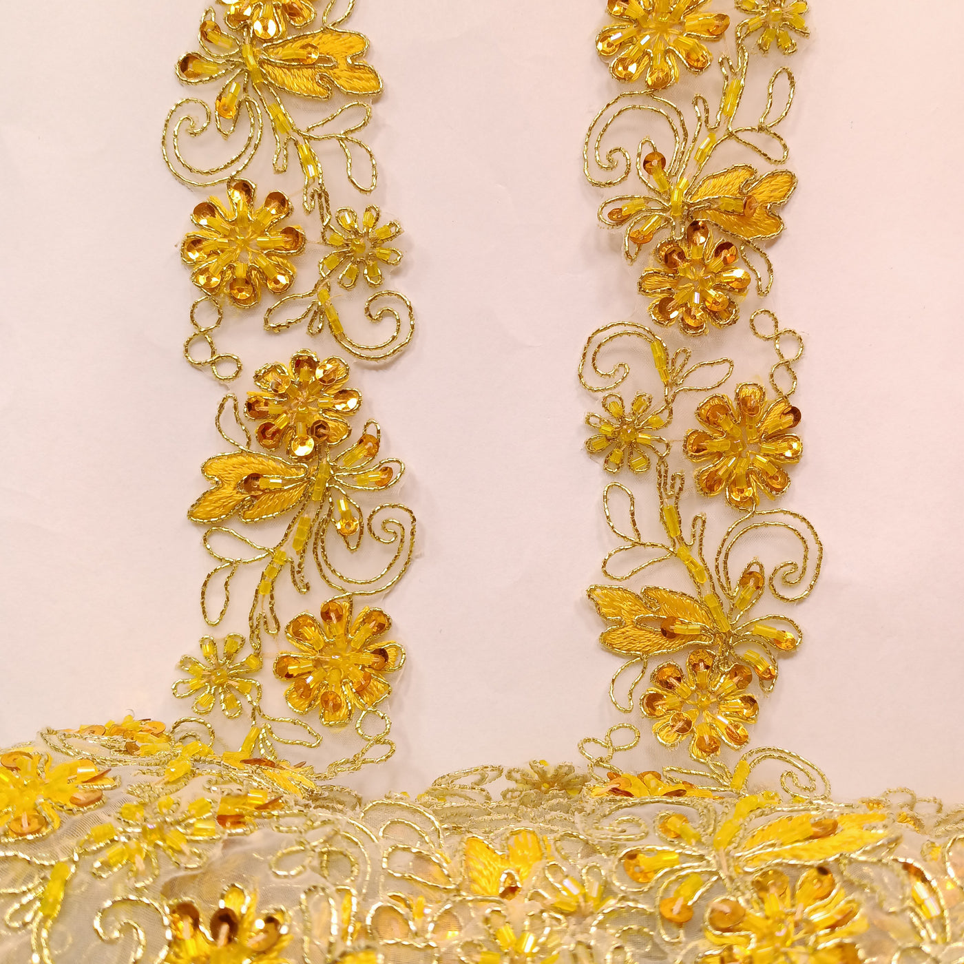 Beaded, Corded & Embroidered on Organza Yellow with Gold Trimming. Lace Usa