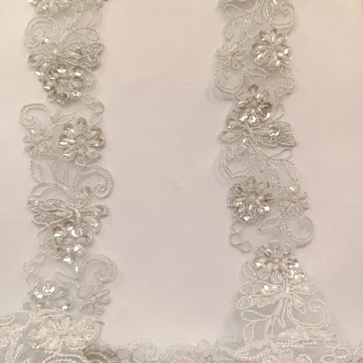 Beaded, Corded & Embroidered on Organza Silver Trimming. Lace Usa