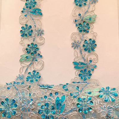 Beaded, Corded & Embroidered on Organza Turquoise with Silver Trimming. Lace Usa