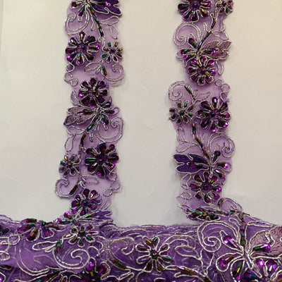 Beaded, Corded & Embroidered on Organza Purple with Silver Trimming. Lace Usa