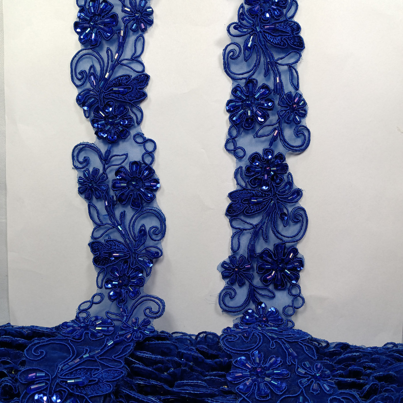 Beaded, Corded & Embroidered on  Organza Royal Blue Trimming. Lace Usa