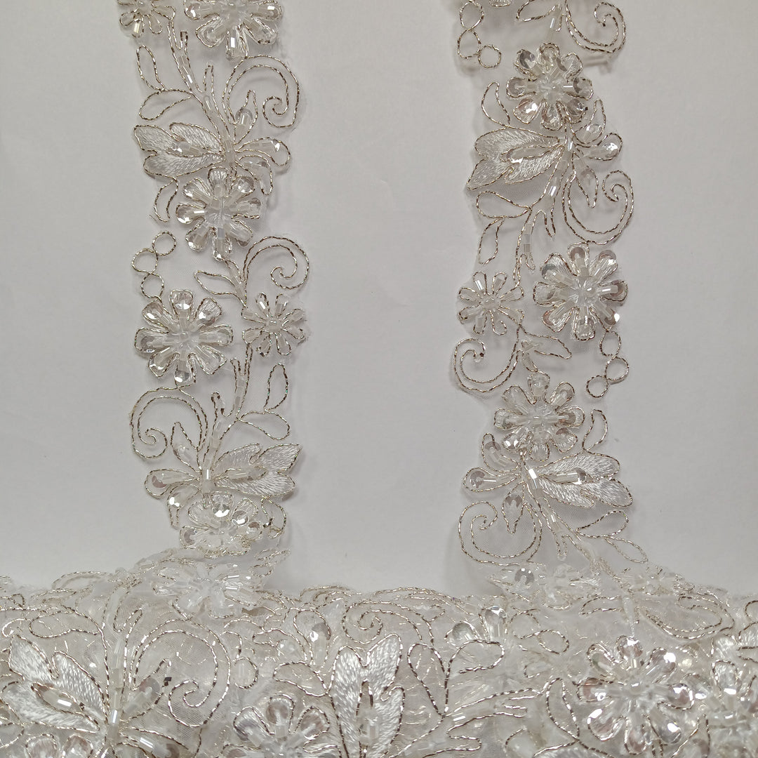 Beaded, Corded & Embroidered on Organza White with Silver Trimming. Lace Usa