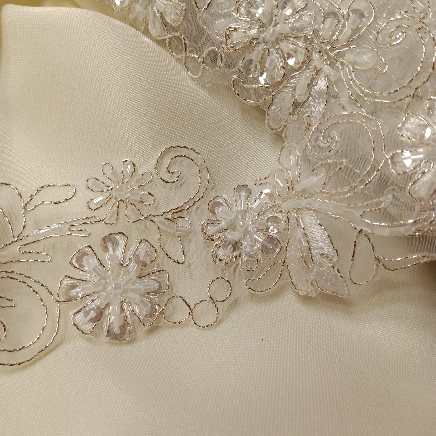 Beaded, Corded & Embroidered on Organza Ivory with Silver Trimming. Lace Usa