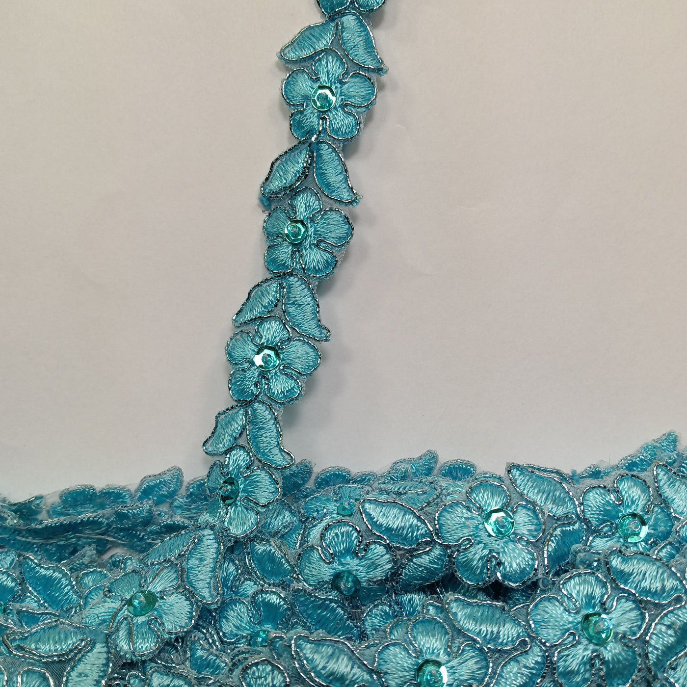 Corded, Beaded & Embroidered Aqua with Silver Trimming. Lace Usa