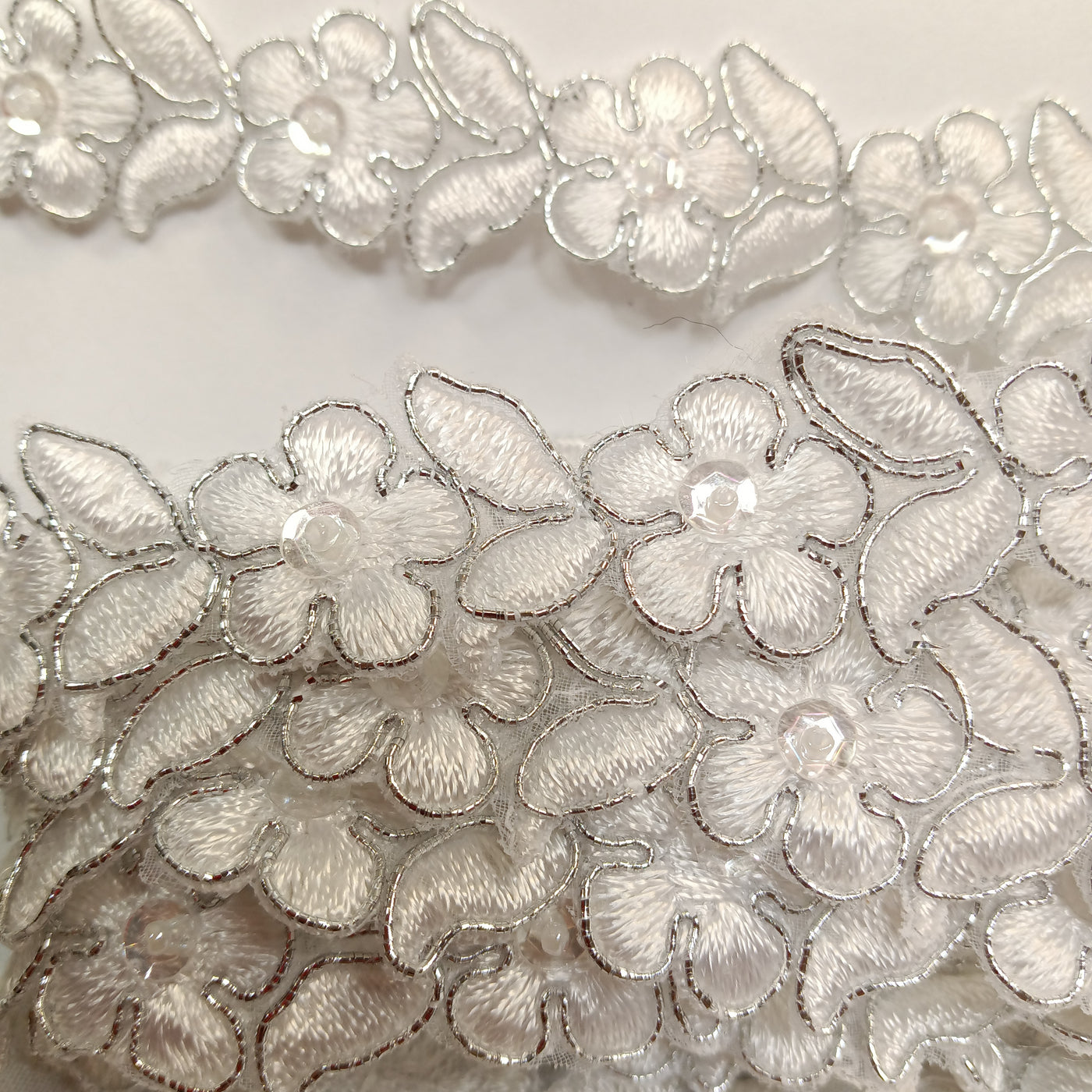 Corded, Beaded & Embroidered White with Silver Trimming. Lace Usa