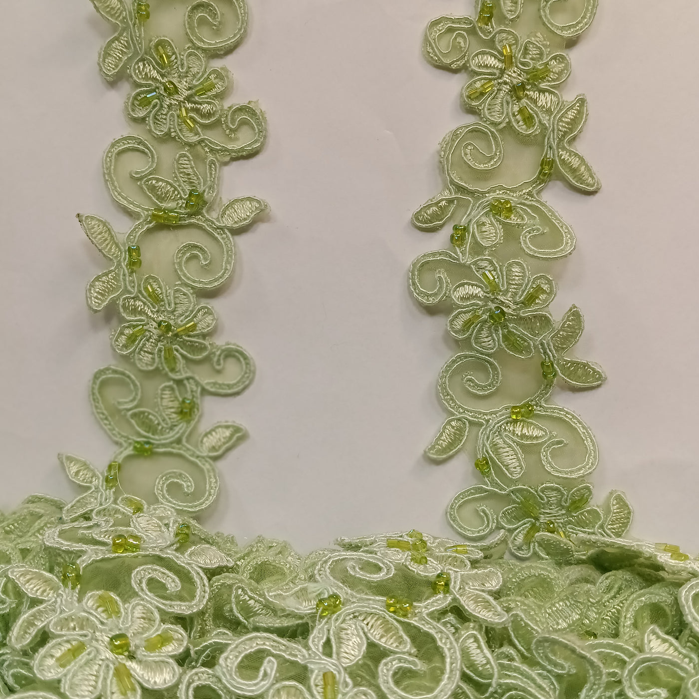 Beaded, Corded & Embroidered Sage Trimming. Lace Usa