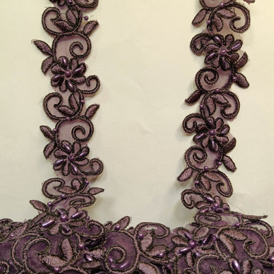 Beaded, Corded & Embroidered Metallic Plum Trimming. Lace Usa
