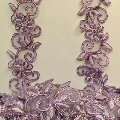 Beaded, Corded & Embroidered Metallic Lilac Trimming. Lace Usa